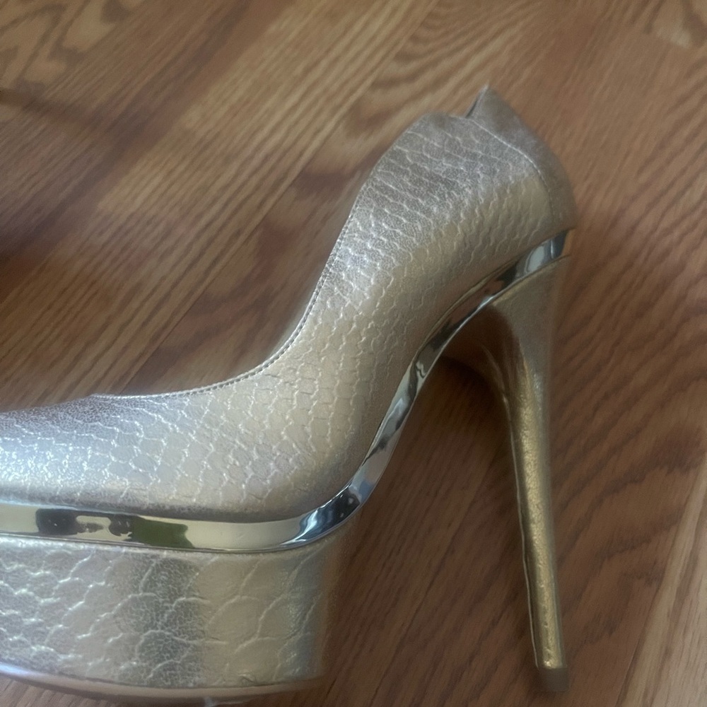 Bebe Gold High Heel Peep-Toe Pumps - Picture 3 of 8